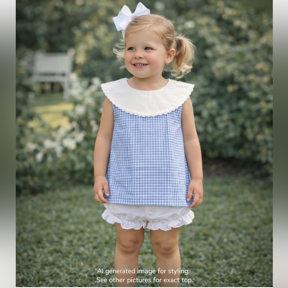 Stitchy Fish Blue Gingham Peter Pan Collar Toddler Top‎ 2T Cotton